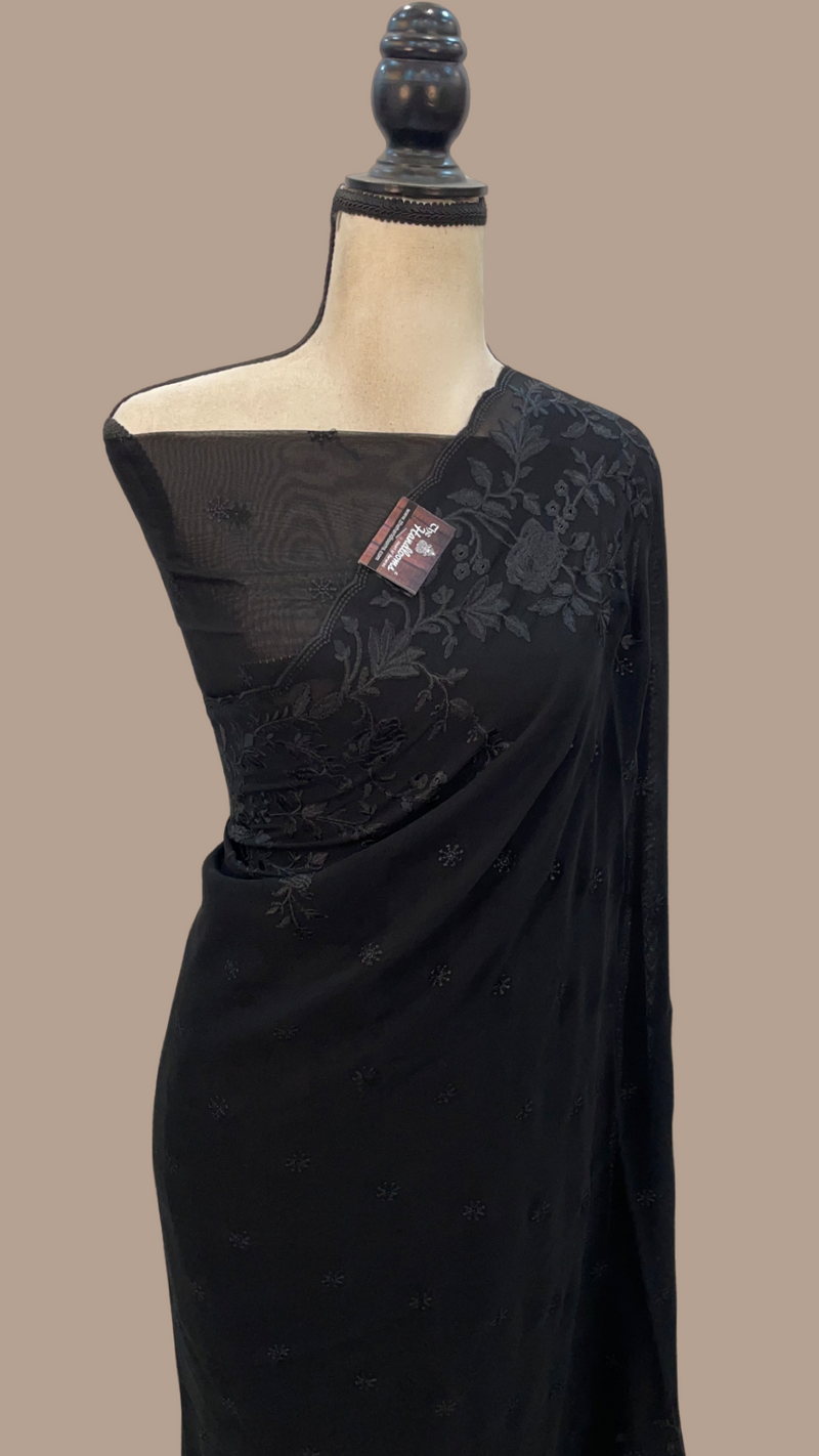 Pure Georgette Chikankari Handloom Banarasi Saree - The Handlooms