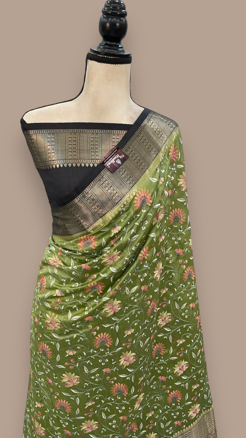 Pure Chiniya Silk Handloom Banarasi Saree with Chikankari - The Handlooms