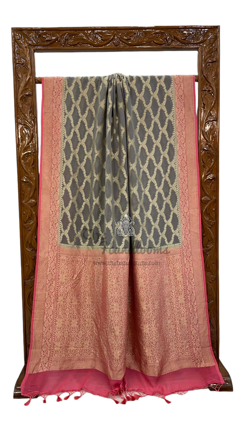Grey Khaddi Georgette Handloom Banarasi Saree - The Handlooms