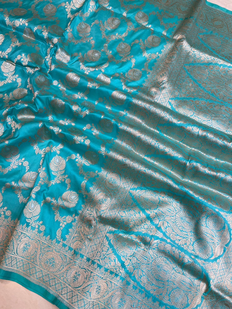Pure Katan Silk Banarasi Handloom Saree - All over Sona Roopa Jaal work - The Handlooms
