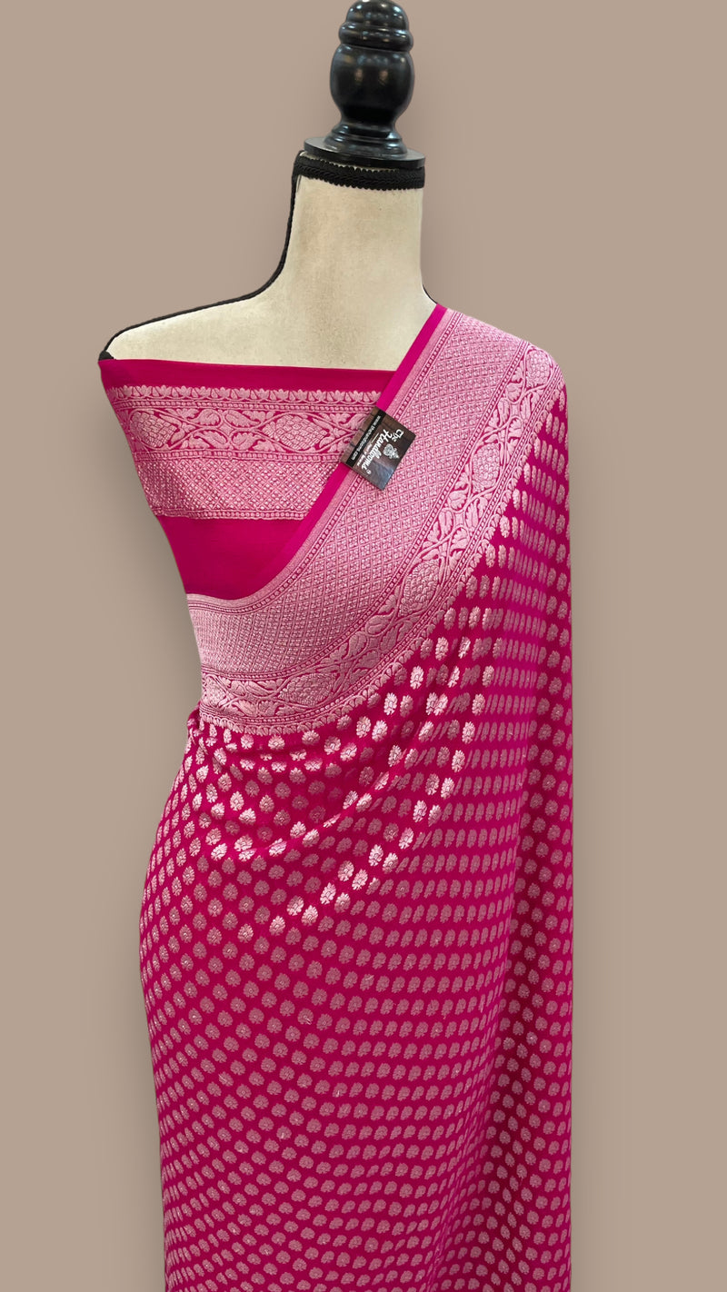 Hot Pink Pure Khaddi Georgette Handloom Banarasi Saree - The Handlooms