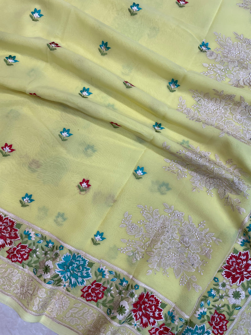 Pure Georgette Chikankari Handloom Banarasi Saree - The Handlooms