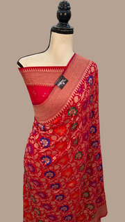 Pure Georgette Banarasi Bandhej Handloom Saree - with meenakari work - The Handlooms