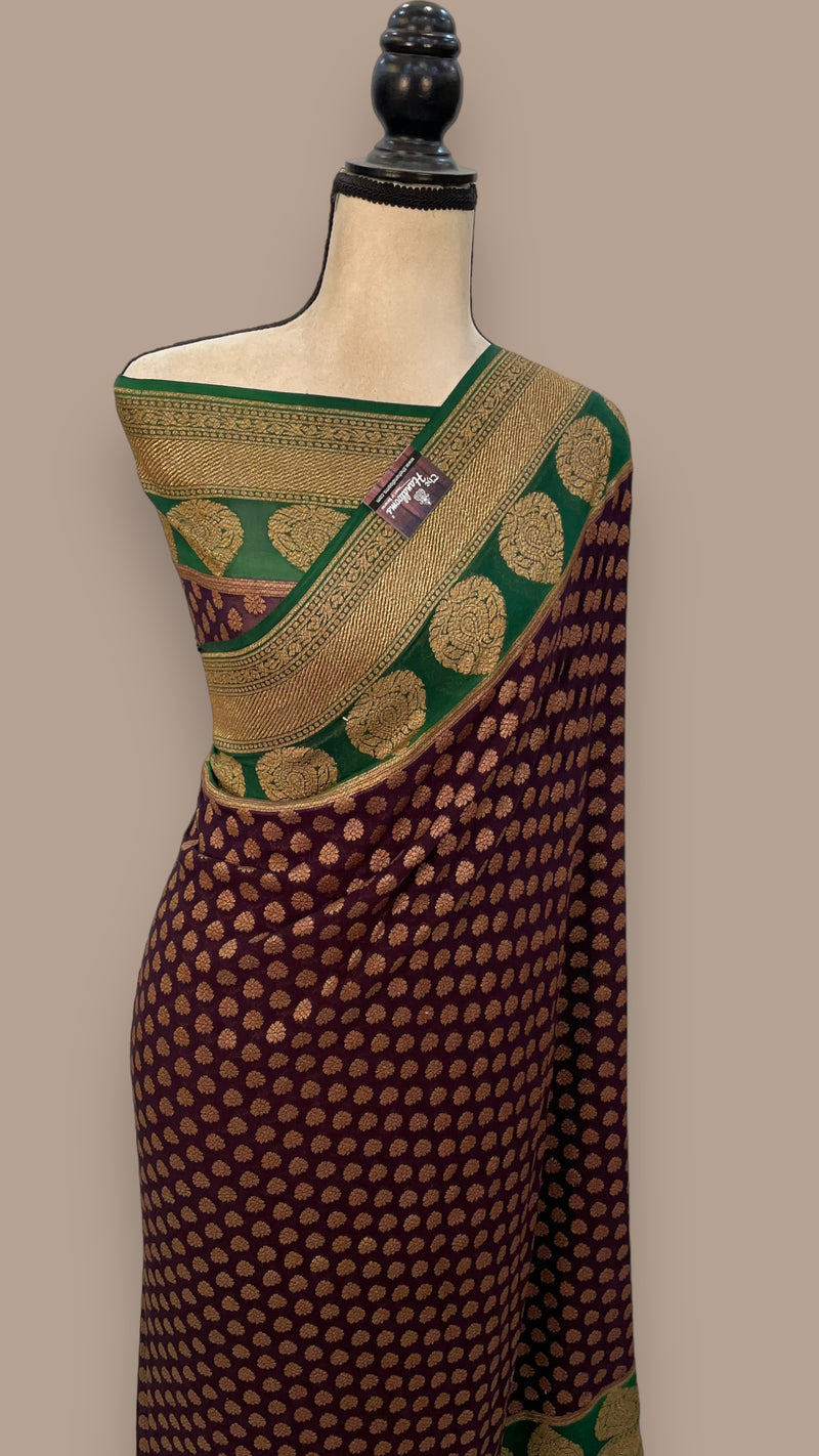 Khaddi Georgette Handloom Banarasi Saree -  Antique zari - The Handlooms