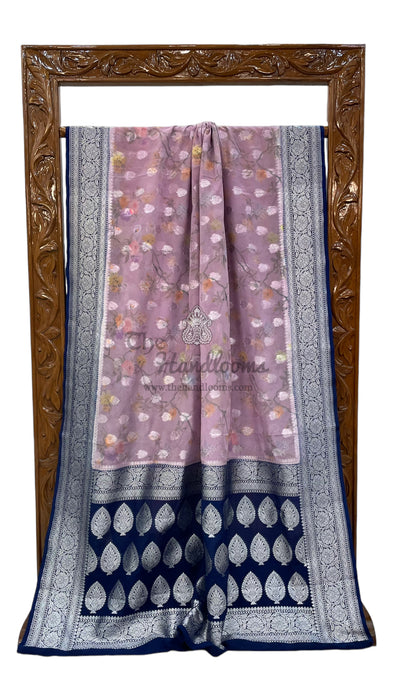 Semi Banarasi Georgette Saree All over silver zari with digital print