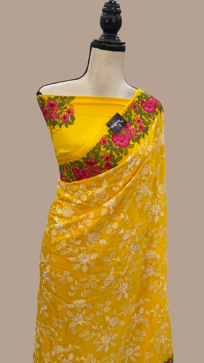 Pure Georgette Chikankari Handloom Banarasi Saree - The Handlooms