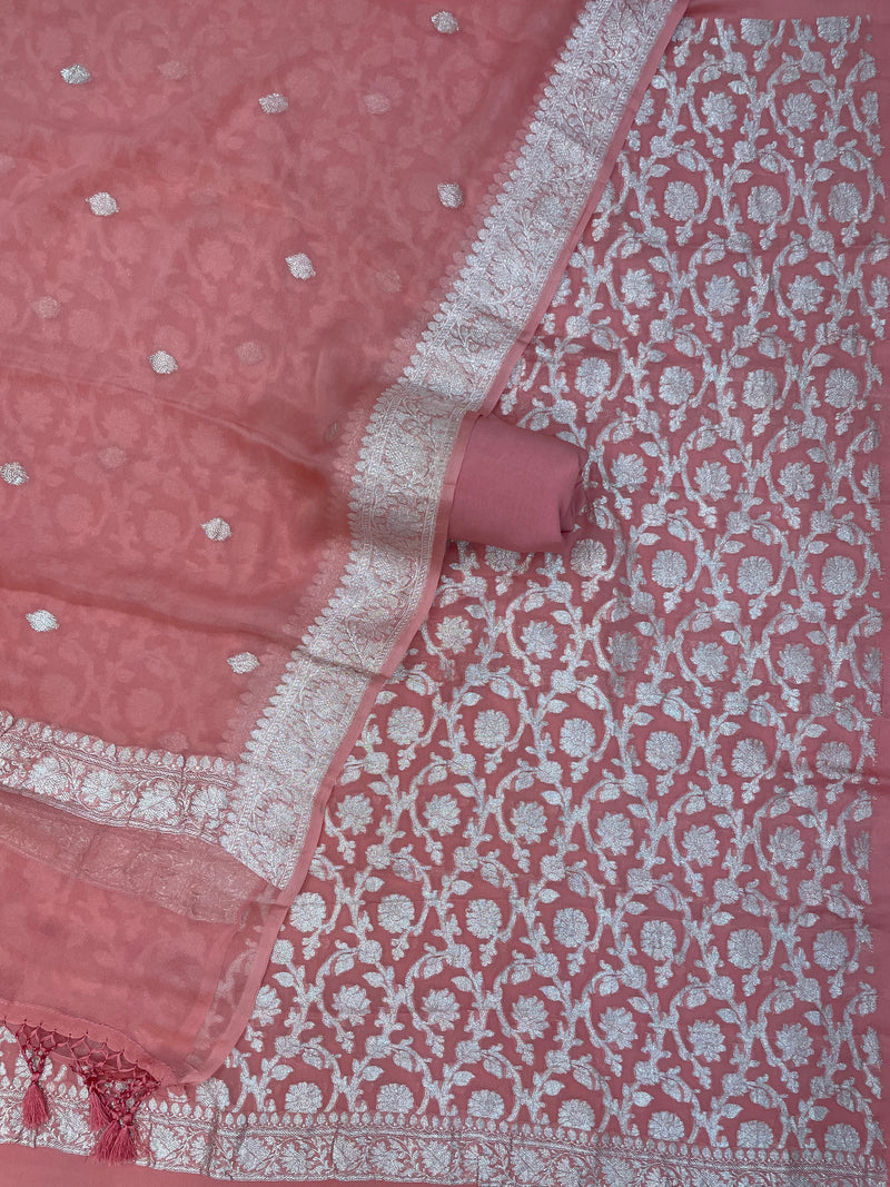 Peach Pure Khaddi Georgette Banarasi Dress material - The Handlooms