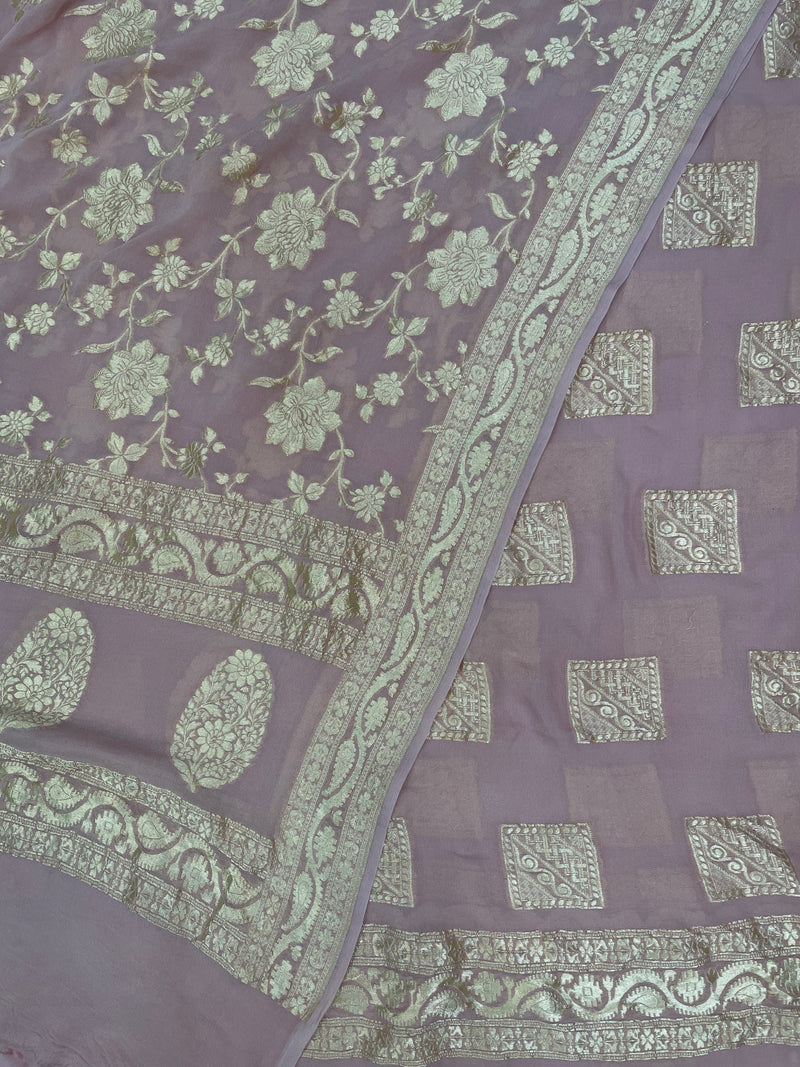 Onion Pink Pure Khaddi Georgette Handlooms Banarasi Dress material - The Handlooms