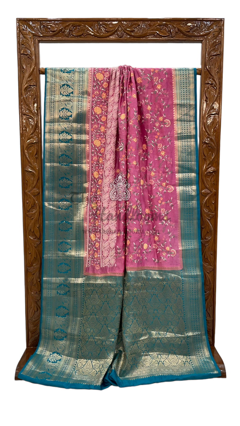 Pure Chiniya Silk Handloom Banarasi Saree with Chikankari - The Handlooms