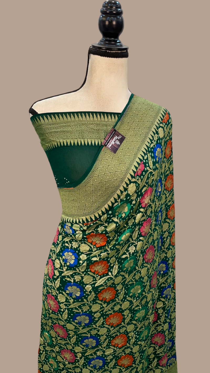 Pure Georgette Banarasi Bandhej Handloom Saree - with meenakari work - The Handlooms