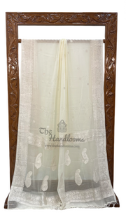Pure Georgette Banarasi Handloom Saree -  Off White - The Handlooms