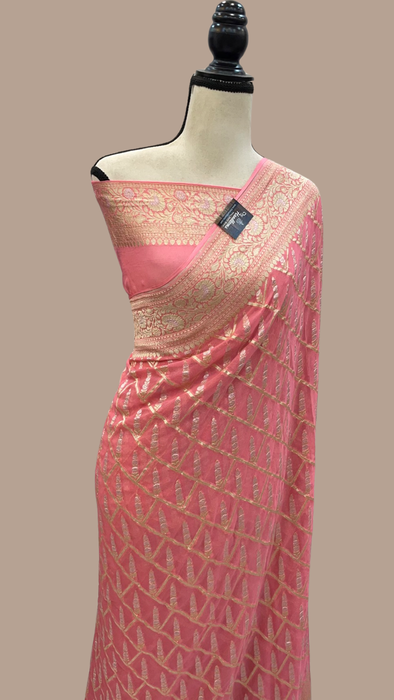 Pink Khaddi Georgette Handloom Banarasi Saree - All over Sona Roopa Jaal Work
