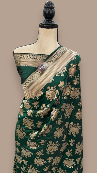 Green Pure Katan Silk Banarasi Handloom Saree - All over jaal work