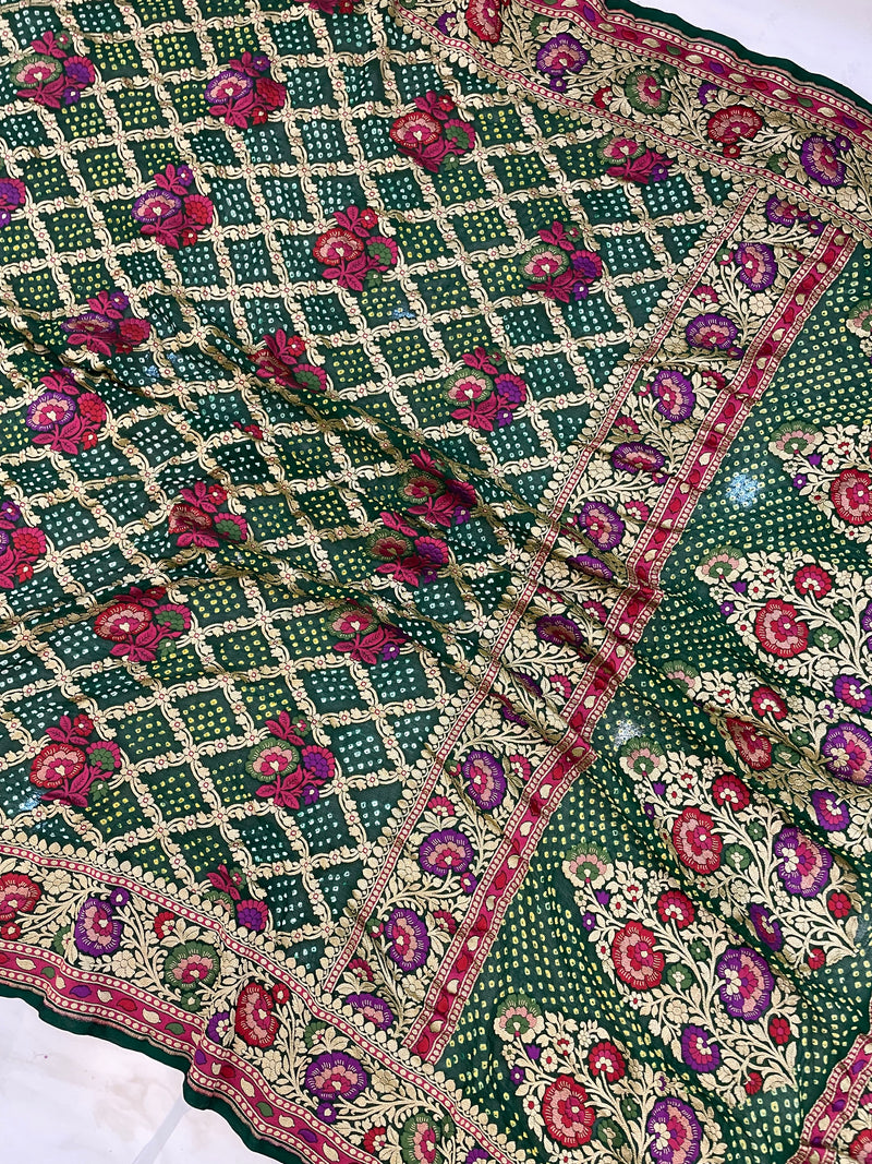 Pure Georgette Banarasi Bandhej Handloom Saree - with meenakari work - The Handlooms