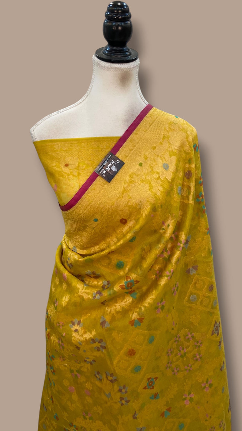 Pure Katan Silk Banarasi Handloom Saree - All Over Jaal Work With Meenakari