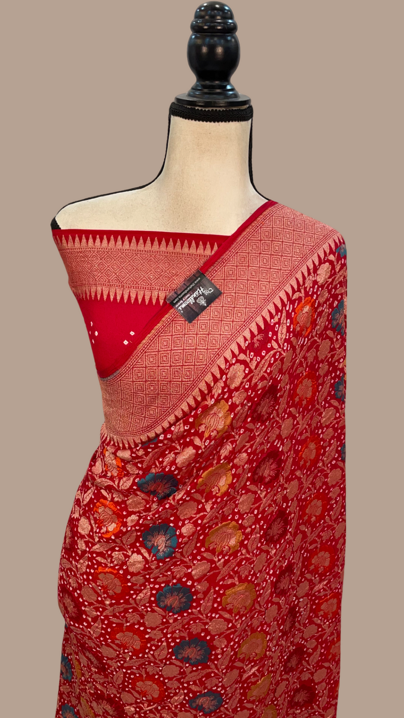 Pure Georgette Banarasi Bandhej Handloom Saree - with meenakari work - The Handlooms