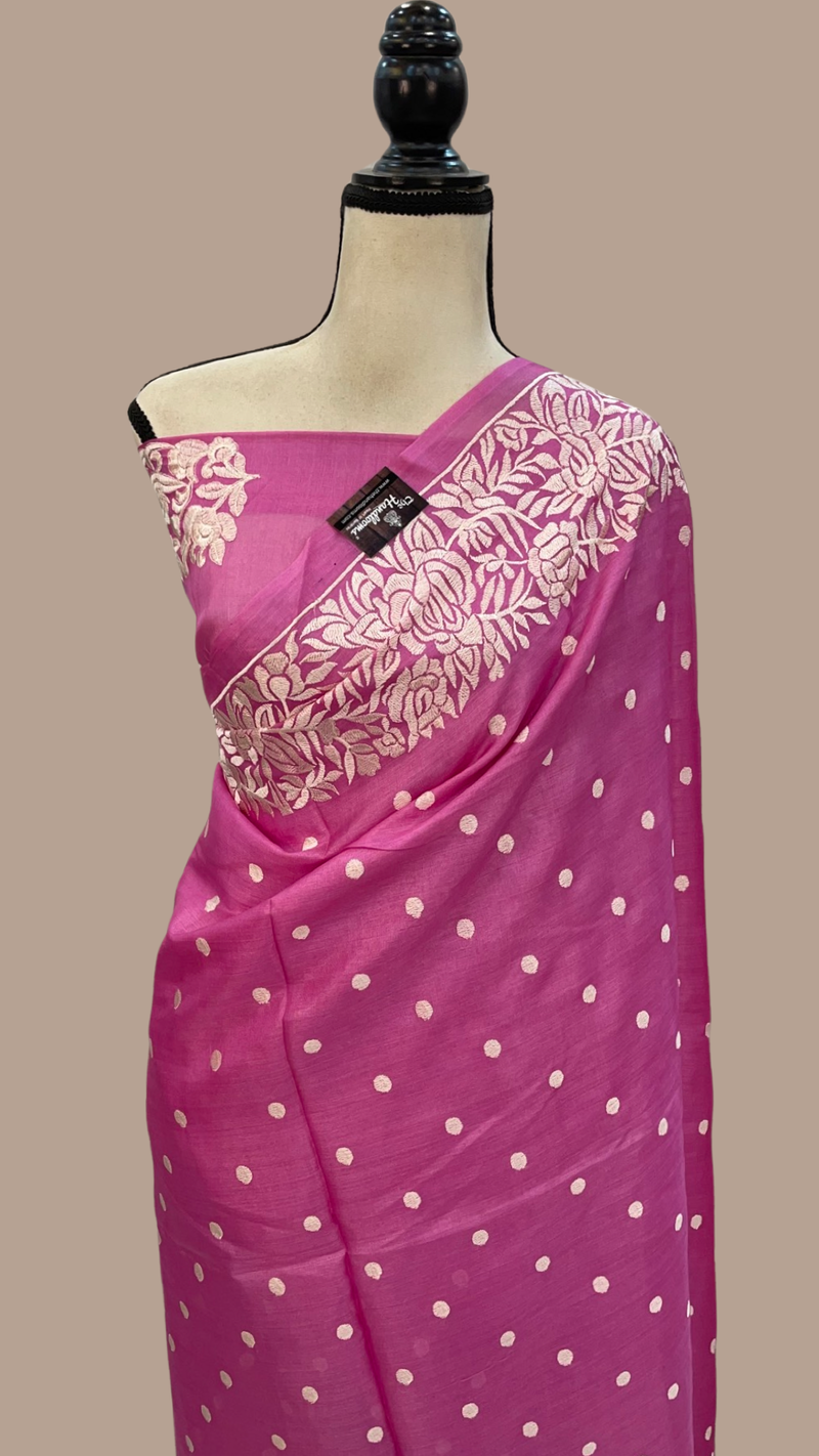 Pink Pure Tussar Silk Handloom Banarasi Saree With Chikankari - The Handlooms