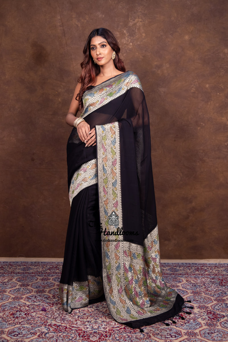 Black Khaddi Georgette Handloom Banarasi Saree - The Handlooms