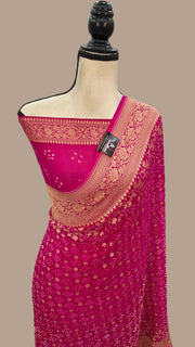Hot Pink Pure Georgette Banarasi Bandhej Handloom Saree - The Handlooms