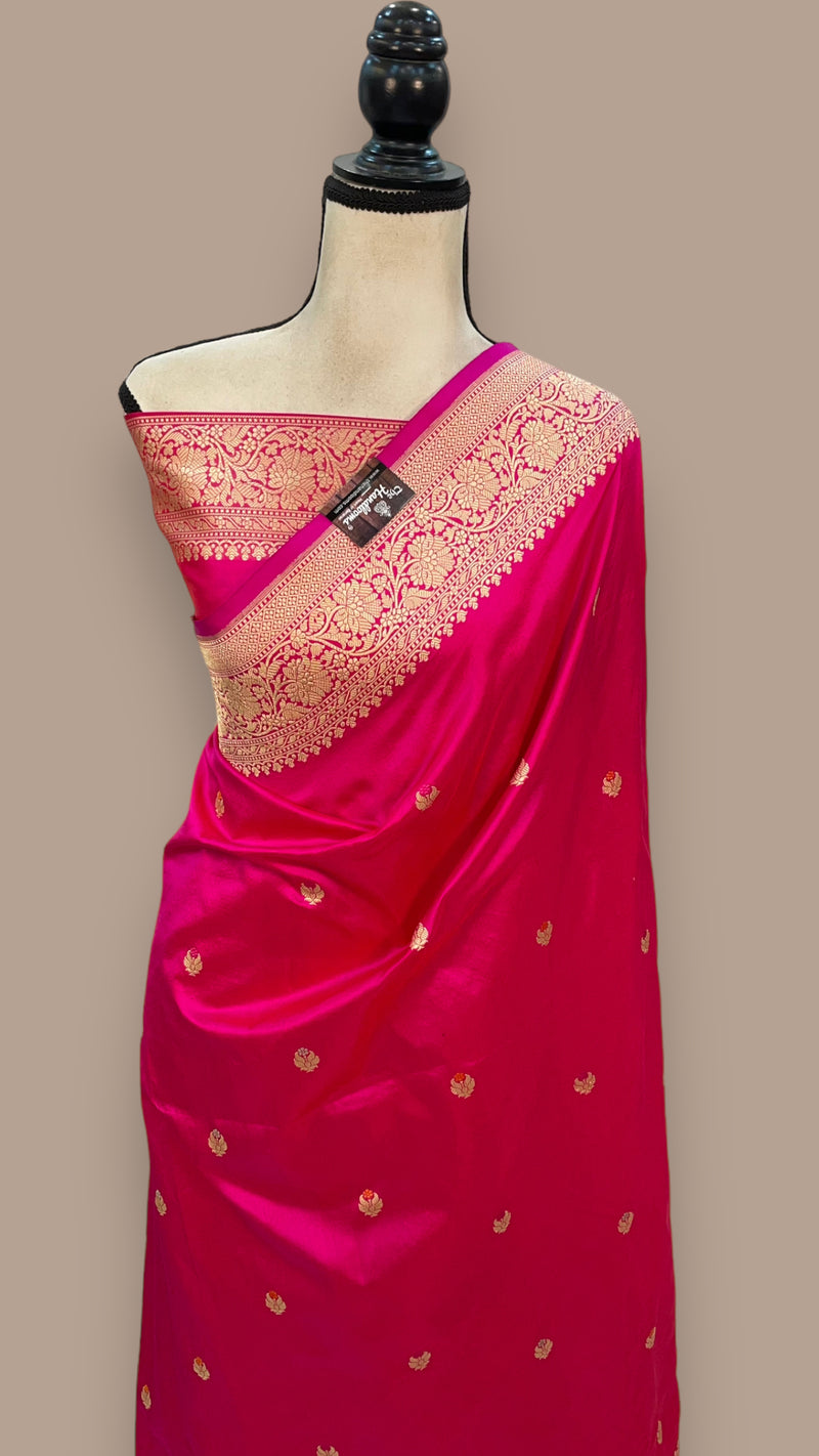 Hot Pink Pure Katan Silk Banarasi Handloom Saree - All over Kadua motifs With Meenakari - The Handlooms