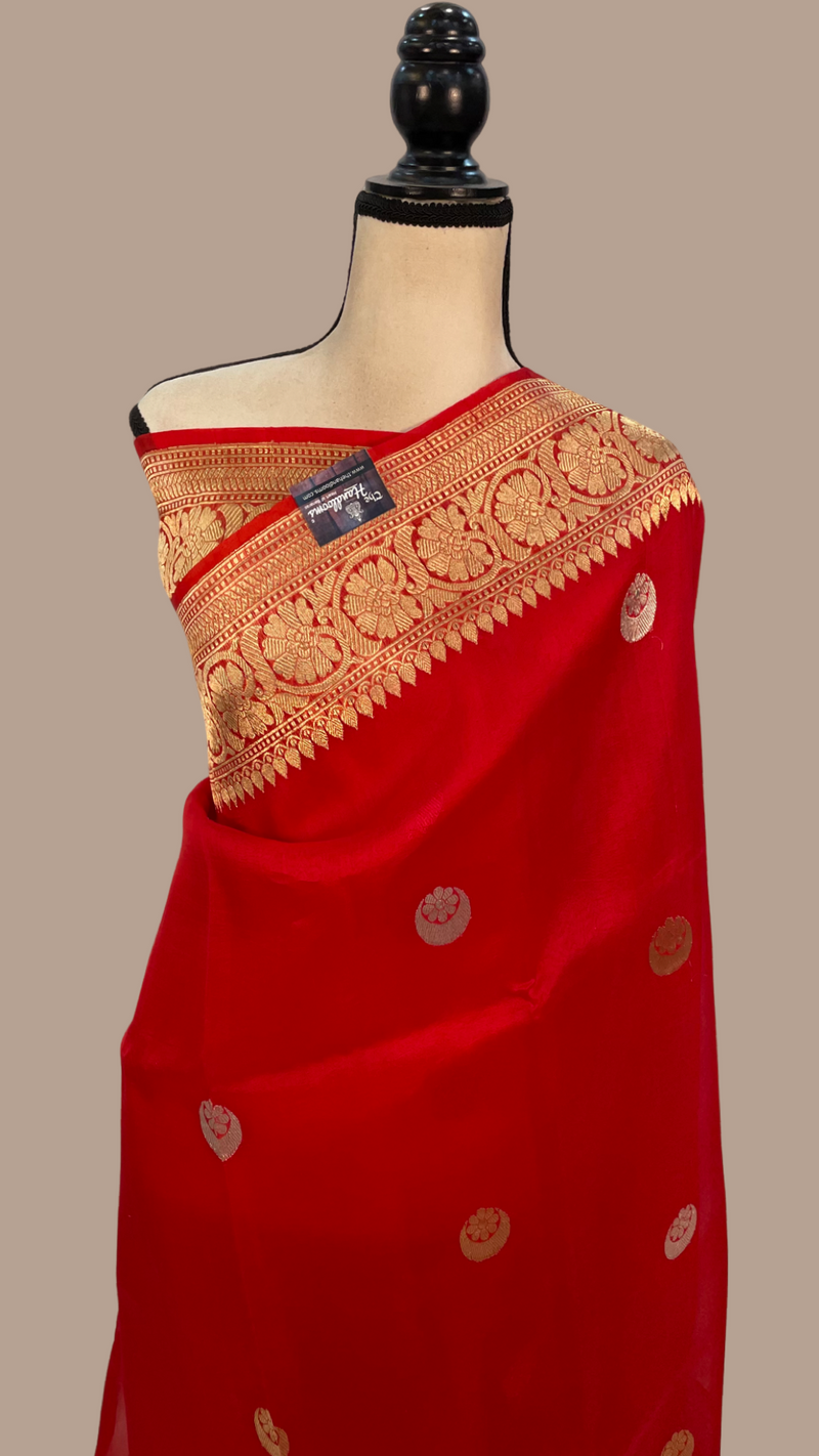 Red Pure Kora Handloom Banarasi Saree - Sona Roopa Alfi Kadua Boota - The Handlooms
