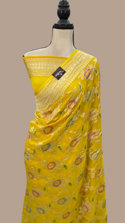Yellow Khaddi Georgette Handloom Banarasi Saree - The Handlooms