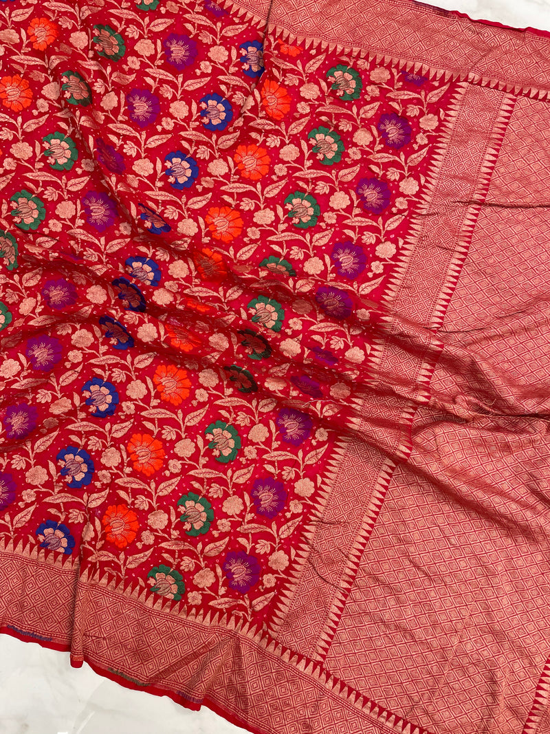 Pure Georgette Banarasi Bandhej Handloom Saree - with meenakari work - The Handlooms