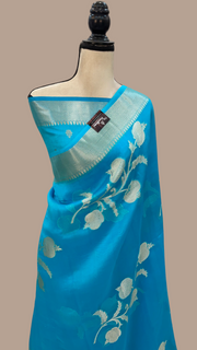 Sky Blue Pure Kora Handloom Banarasi Saree - The Handlooms