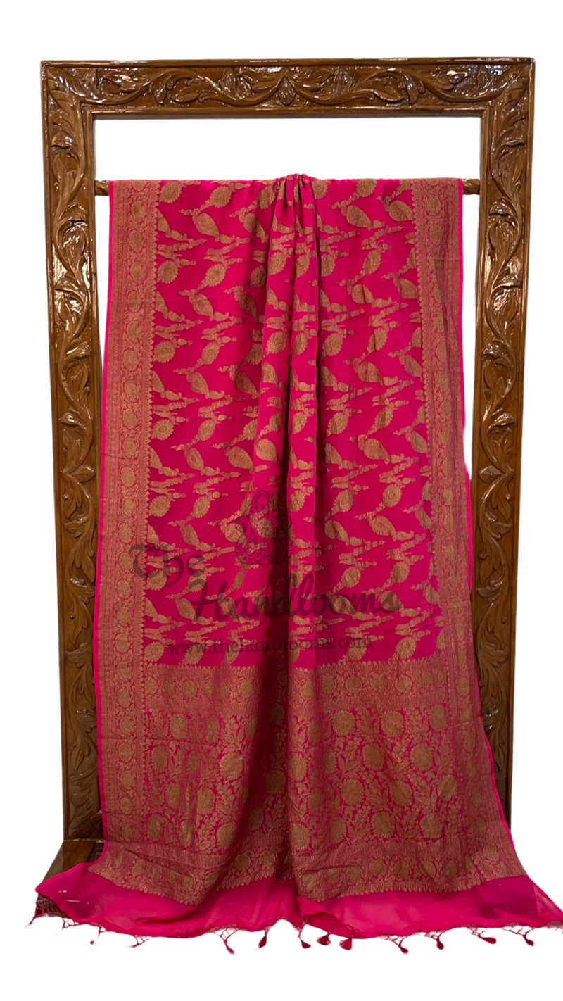 Hot Pink Khaddi Georgette Banarasi Handloom Saree -  Antique zari - The Handlooms