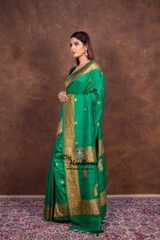 Green Pure Tussar Georgette Handloom Banarasi Saree - All over kadua motifs - The Handlooms