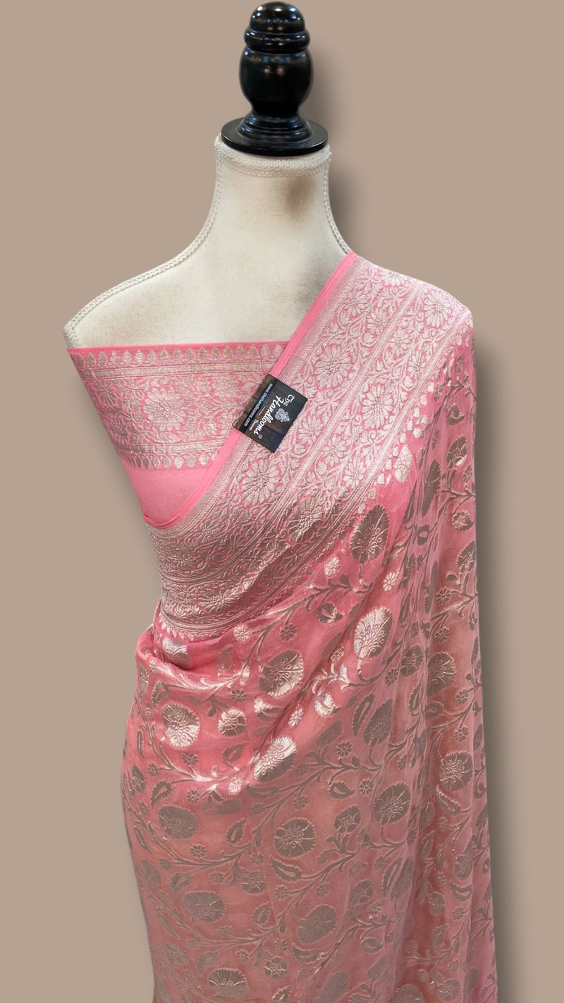 Pure Khaddi Georgette Handloom Banarasi Saree - Silver Zari