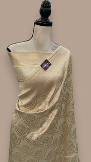 Cream Pure Katan Silk Banarasi Handloom Saree - All over Sona Roopa Jaal work - The Handlooms