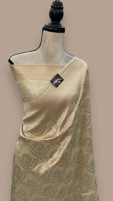 Cream Pure Katan Silk Banarasi Handloom Saree - All over Sona Roopa Jaal work