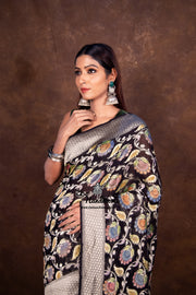 Black Pure Khaddi Georgette Banarasi Saree - water zari - The Handlooms