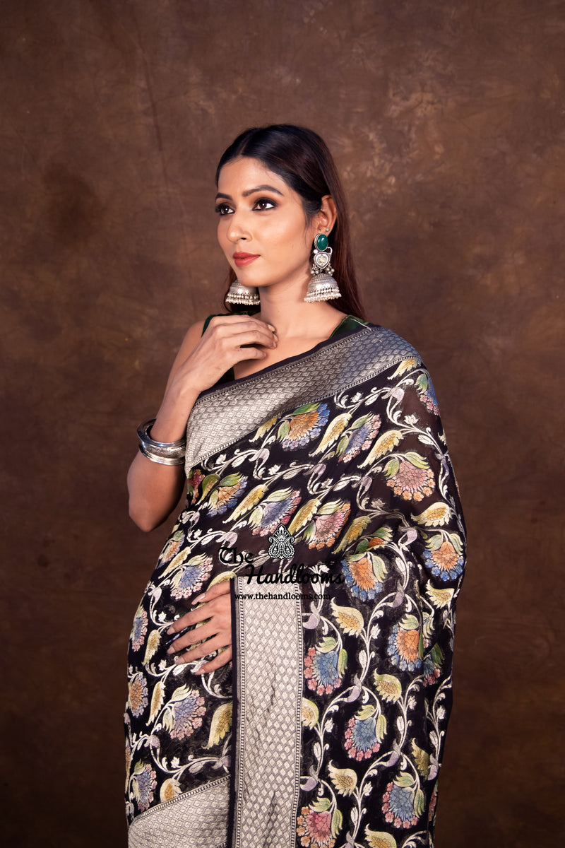 Black Pure Khaddi Georgette Banarasi Saree - water zari - The Handlooms