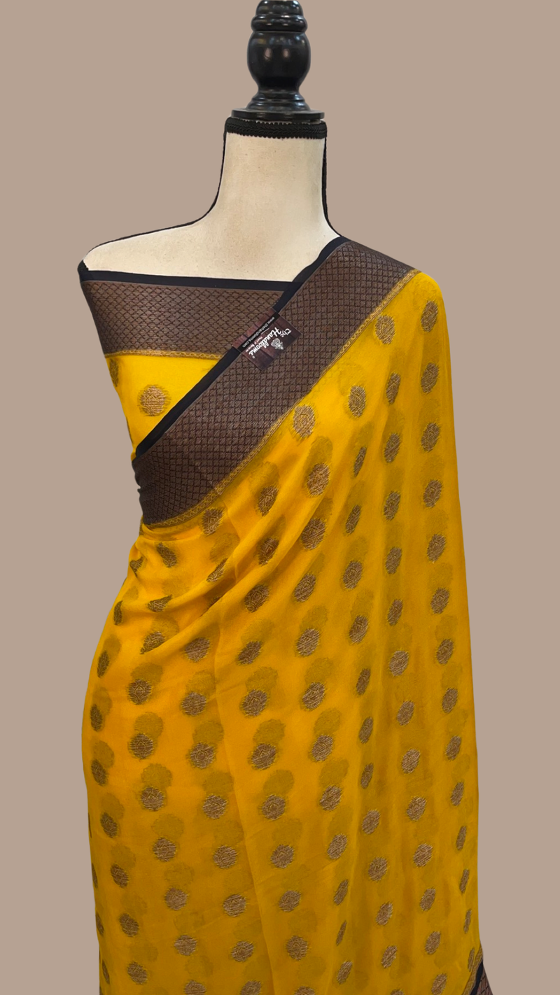 Golden Yellow Pure Chiffon Khaddi Banarasi Saree - The Handlooms
