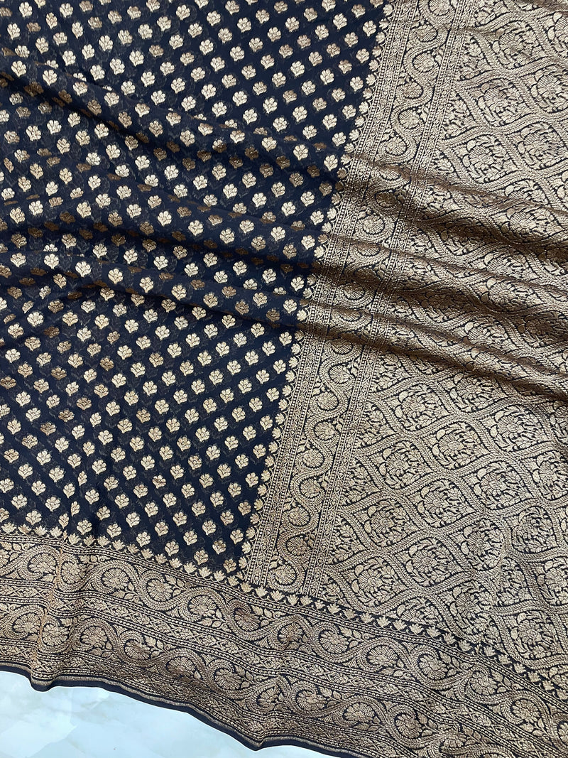 Black Pure Khaddi Georgette Handloom Banarasi Saree - The Handlooms