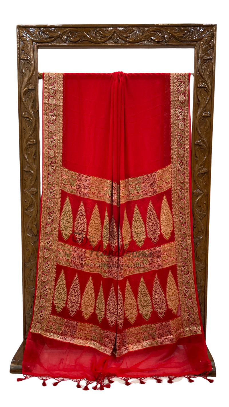 Red Pure Chiffon Khaddi Banarasi Saree - The Handlooms