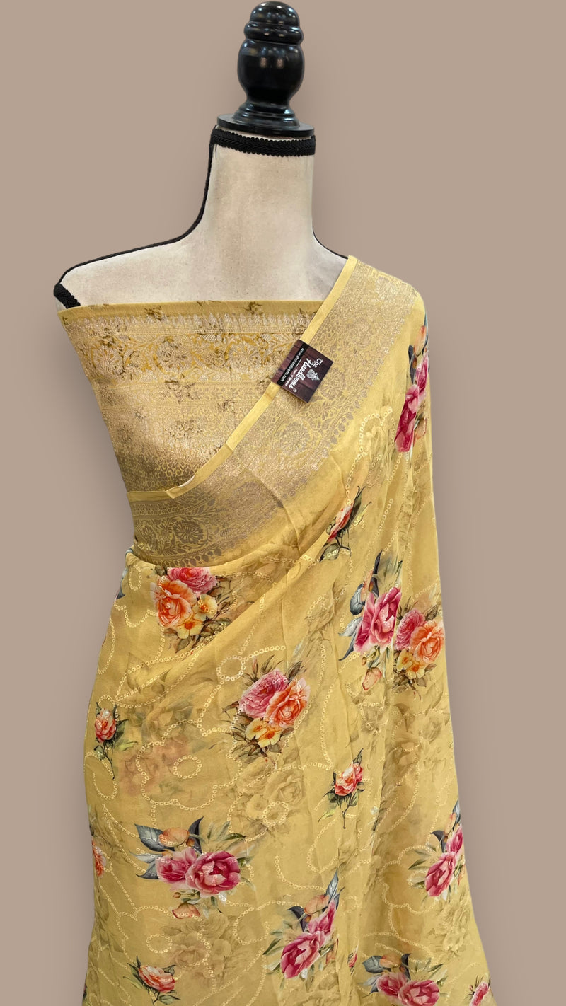 Pure Georgette Digital Print with Chikankari Handloom Banarasi Saree - The Handlooms