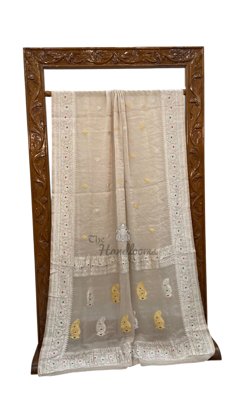 Handloom Banarasi Khaddi Georgette Tissue Saree | All-Over Sona Roopa Kadua Motifs & Meenakari
