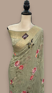 Pure Georgette Digital Print with Chikankari Handloom Banarasi Saree - The Handlooms