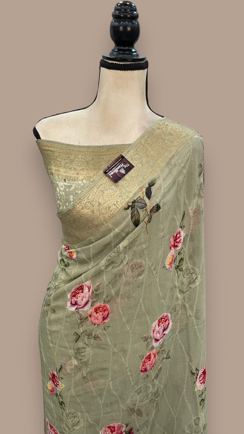 Pure Georgette Digital Print with Chikankari Handloom Banarasi Saree - The Handlooms