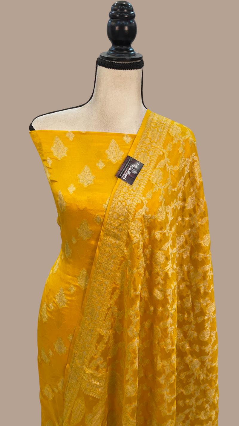 Yellow Pure Chiffon Khaddi Banarasi Dress material - The Handlooms