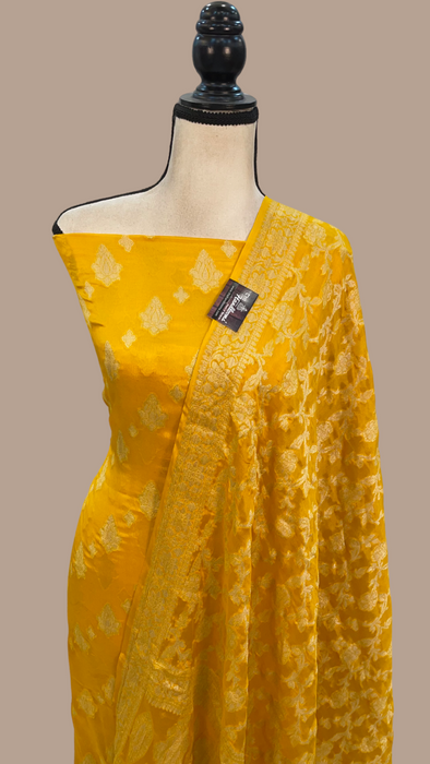 Yellow Pure Chiffon Khaddi Banarasi Dress material