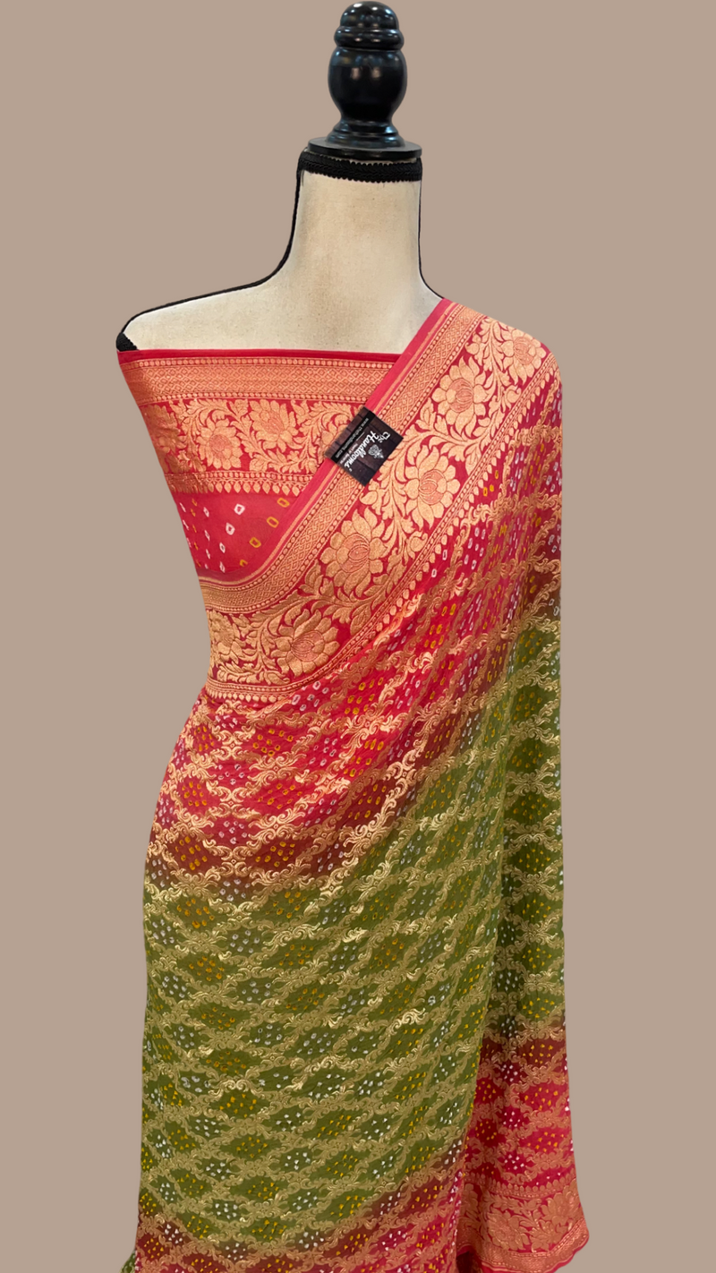 Dual Shade Pure Georgette Banarasi Bandhej Handloom Saree - The Handlooms