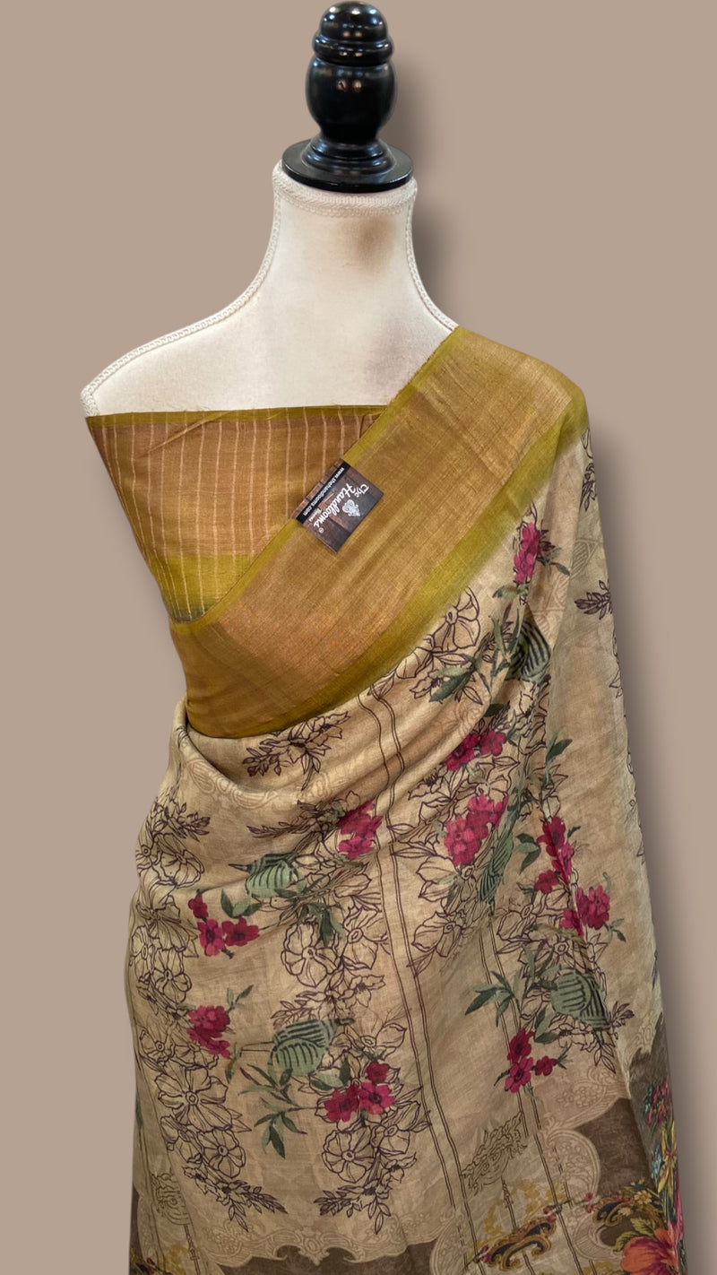 Pure Tussar Silk Handloom Banarasi Saree With Digital Print