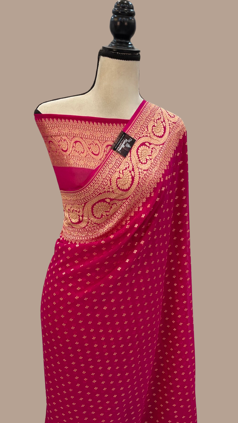 Hot Pink Khaddi Georgette Banarasi Saree - Gold zari - The Handlooms