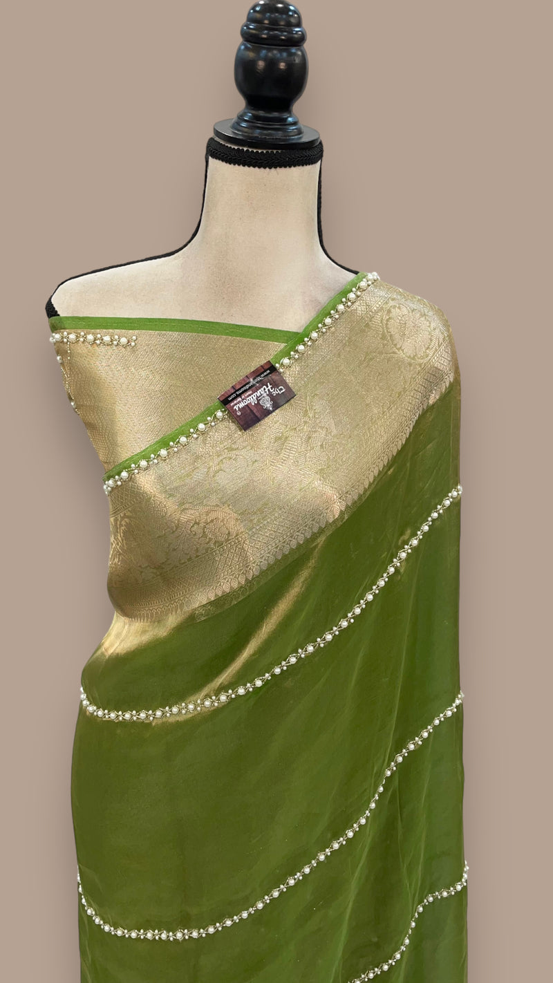 Green Pure Kora Tissue Handloom Banarasi Saree - Handwork - The Handlooms