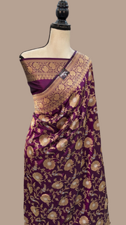 Dark Purple Pure Katan Silk Banarasi Handloom Saree - All over Sona Roopa Jaal work - The Handlooms