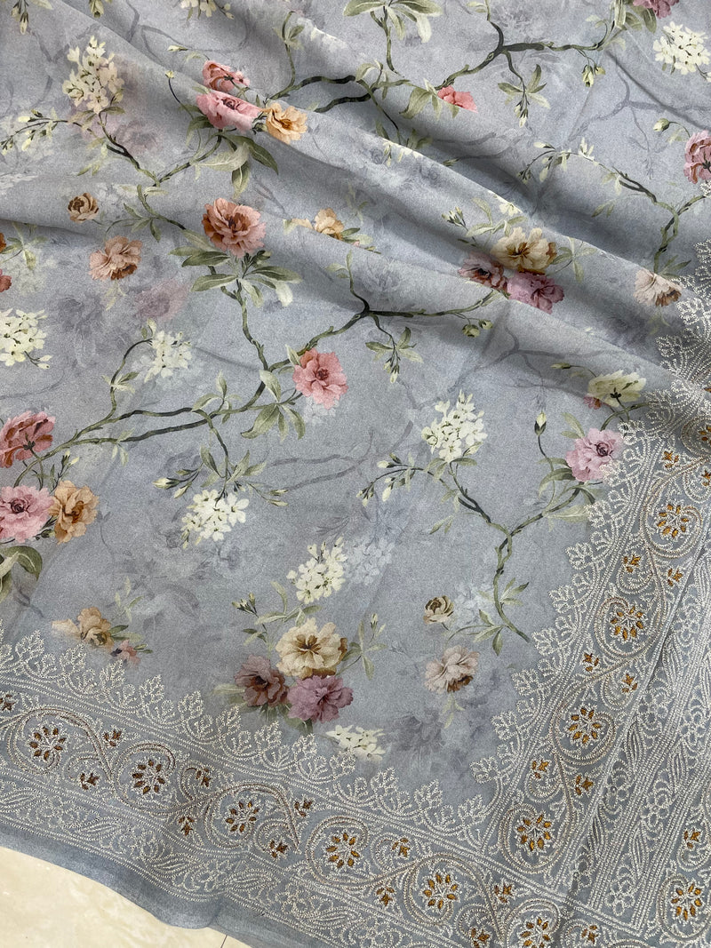 Pure Georgette  Digital Print with Chikankari Handloom Banarasi Saree - The Handlooms